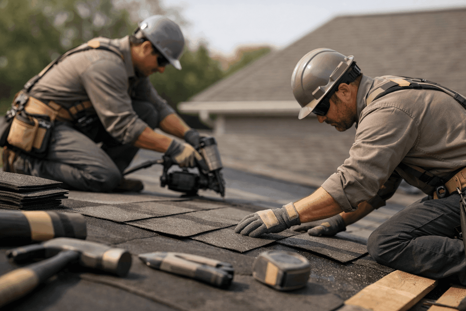 Two professional roofers installing roofing materials on a clean residential roof