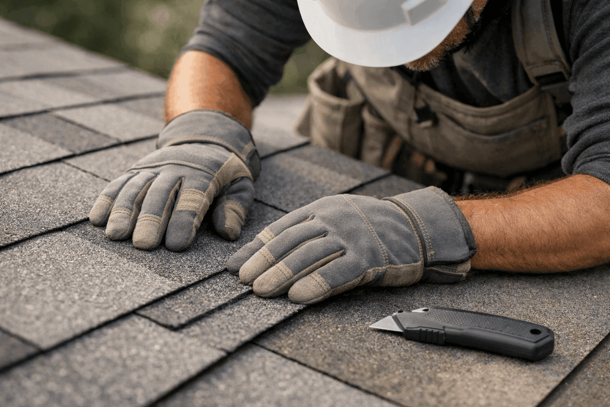 Close-up of roofer's gloved hands aligning gray asphalt shingles on a clean roof